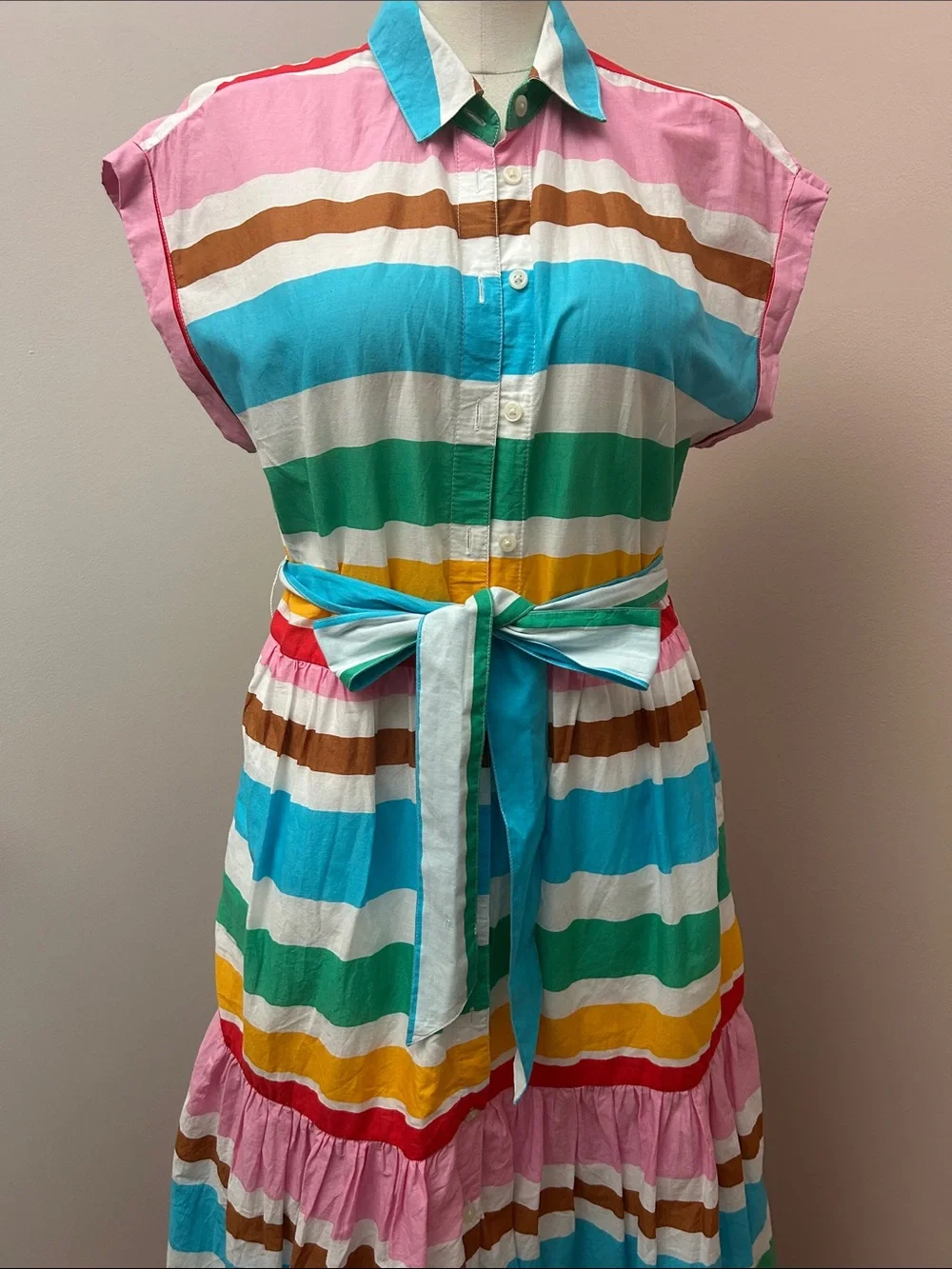 Cotton Colorful Striped Button-Up Tie-Waist Maxi Dress size 8